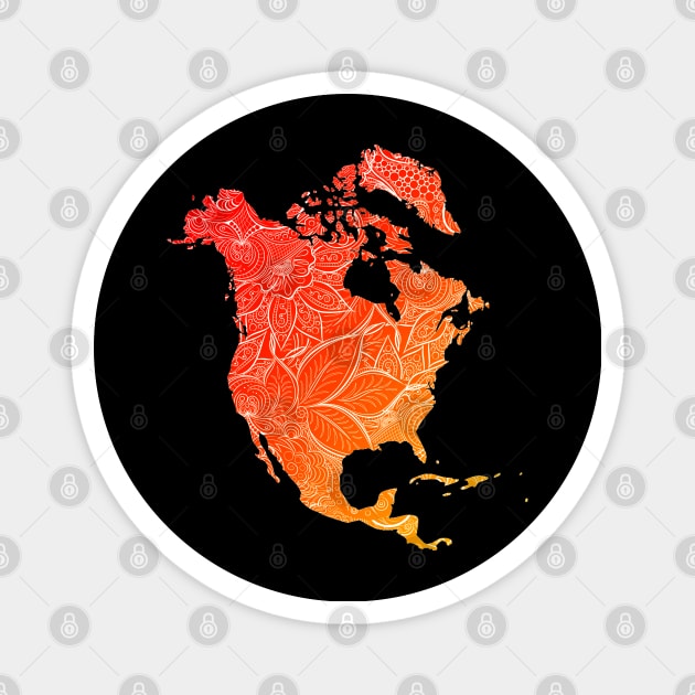 Colorful mandala art map of North America with text in red and orange Magnet by Happy Citizen